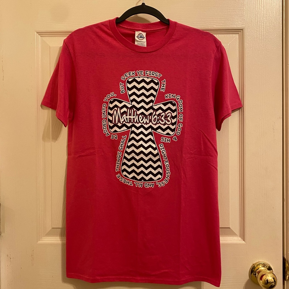NWOT Pink Zebra Print Cross Matthew 6:33 Bible Verse Jesus Tee
